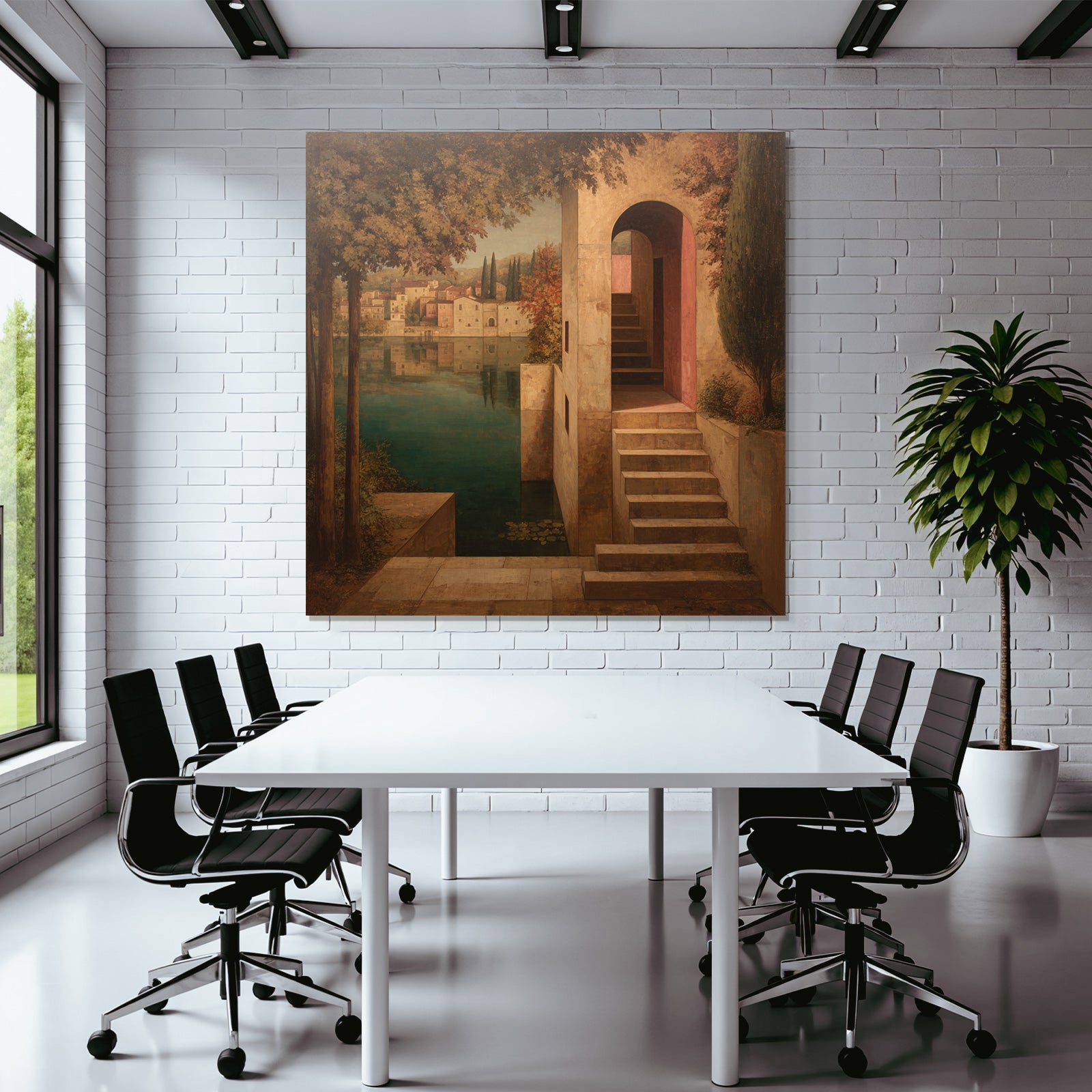 Fantastisch Surreal Ruhige Landschaft Mit Architektur Am Wasser