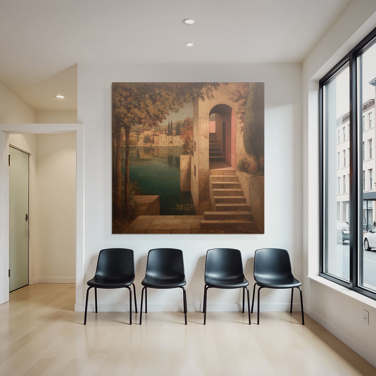 Fantastisch Surreal Ruhige Landschaft Mit Architektur Am Wasser