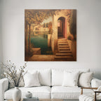 Fantastisch Surreal Ruhige Landschaft Mit Architektur Am Wasser