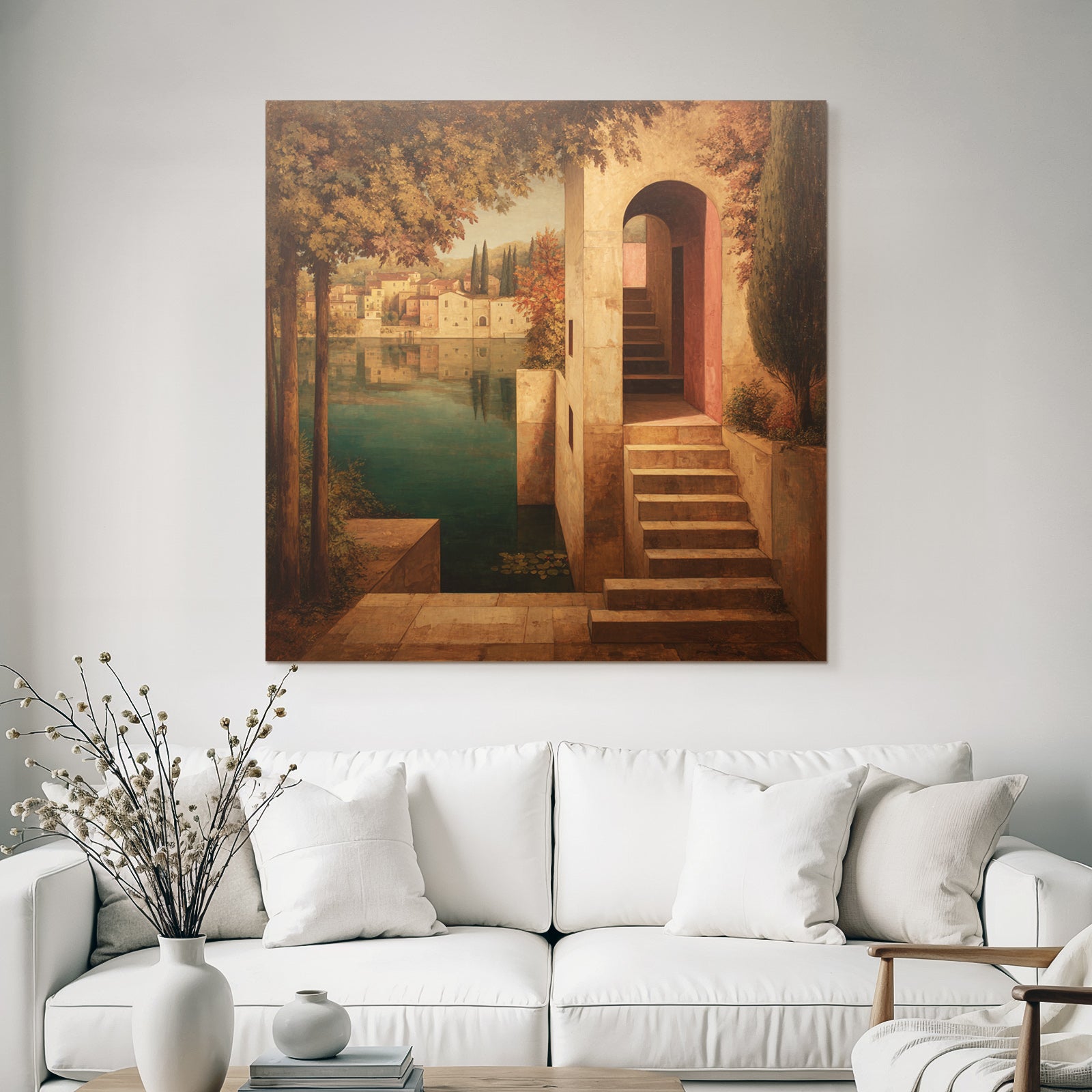 Fantastisch Surreal Ruhige Landschaft Mit Architektur Am Wasser