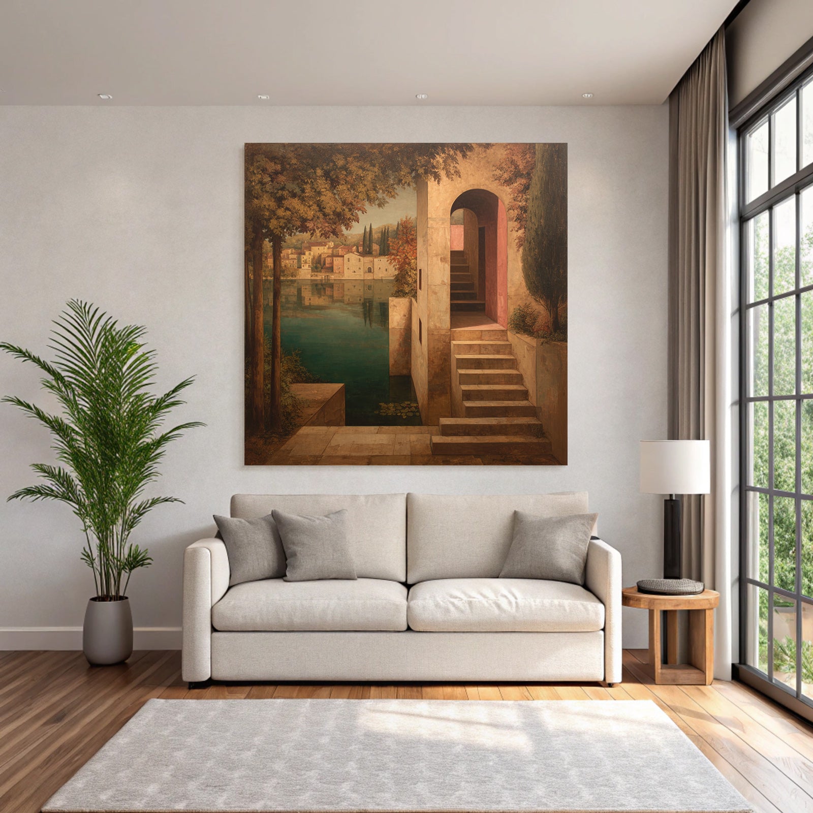 Fantastisch Surreal Ruhige Landschaft Mit Architektur Am Wasser