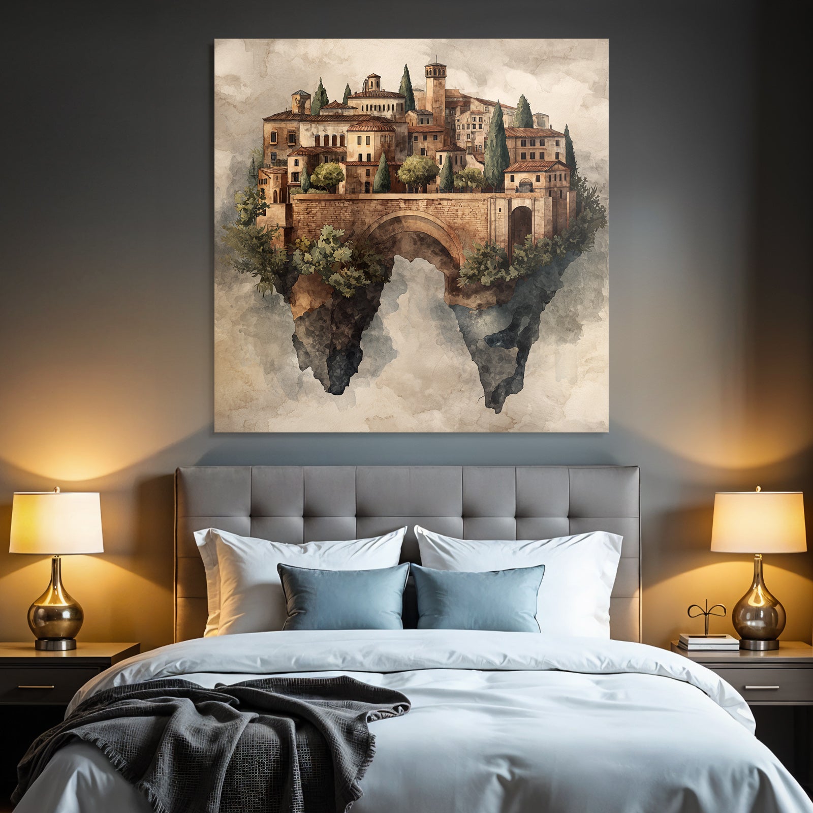 Fantastisch Surreal Schwebendes Dorf Mit Steinbrücke Im Aquarellstil
