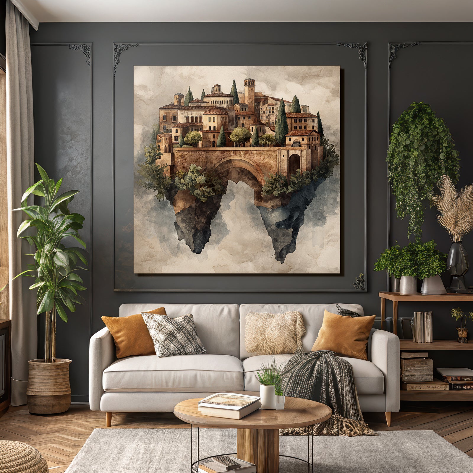 Fantastisch Surreal Schwebendes Dorf Mit Steinbrücke Im Aquarellstil