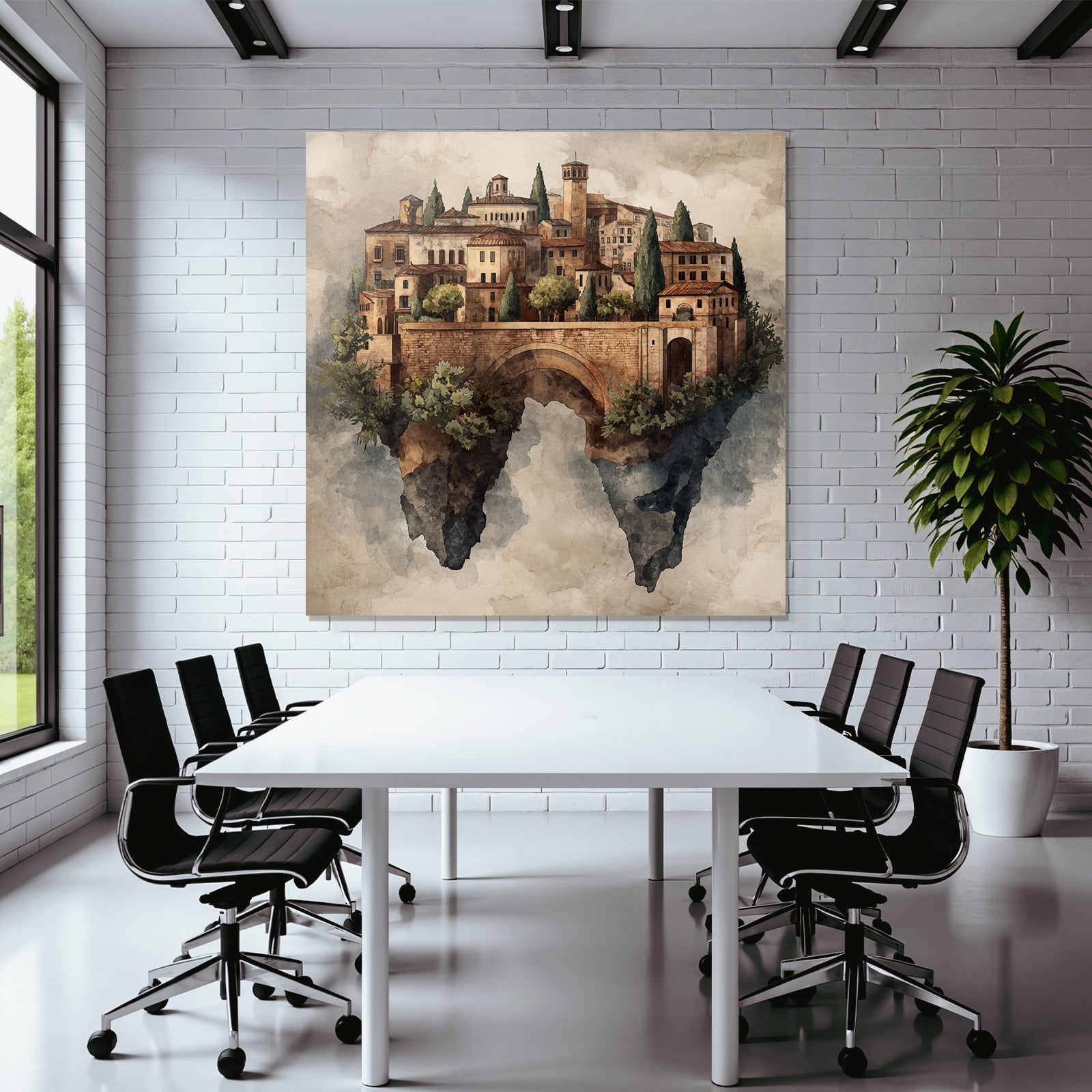 Fantastisch Surreal Schwebendes Dorf Mit Steinbrücke Im Aquarellstil