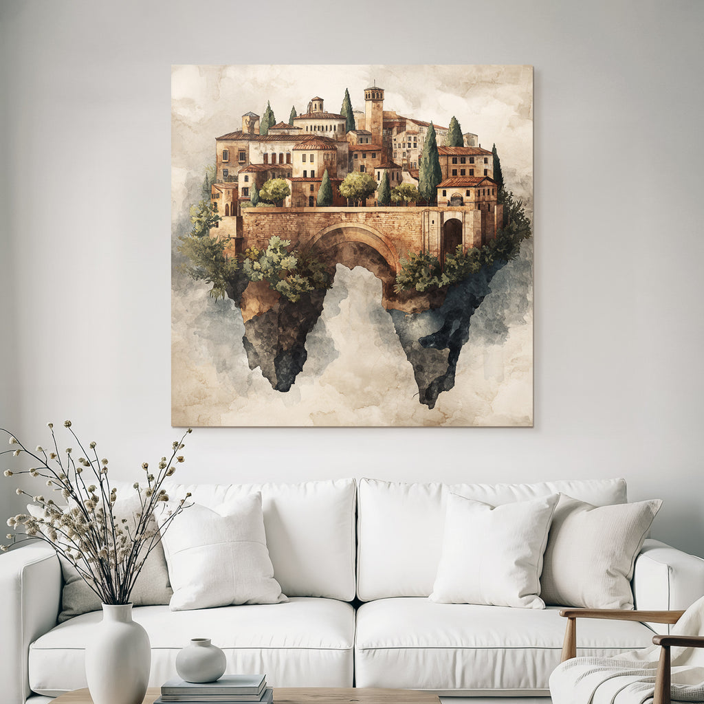 Fantastisch Surreal Schwebendes Dorf Mit Steinbrücke Im Aquarellstil