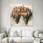 Fantastisch Surreal Schwebendes Dorf Mit Steinbrücke Im Aquarellstil
