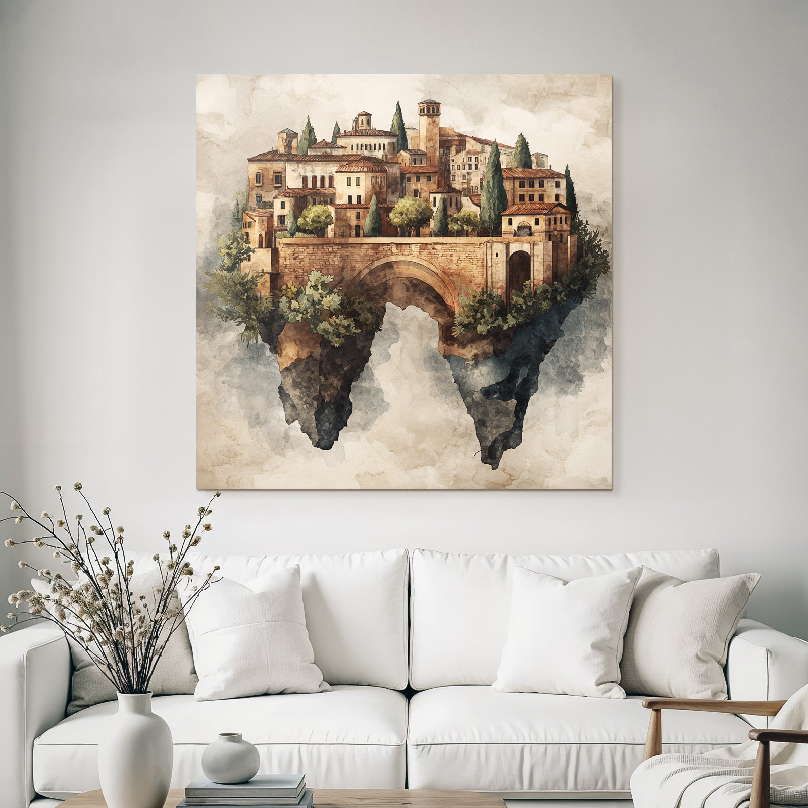 Fantastisch Surreal Schwebendes Dorf Mit Steinbrücke Im Aquarellstil