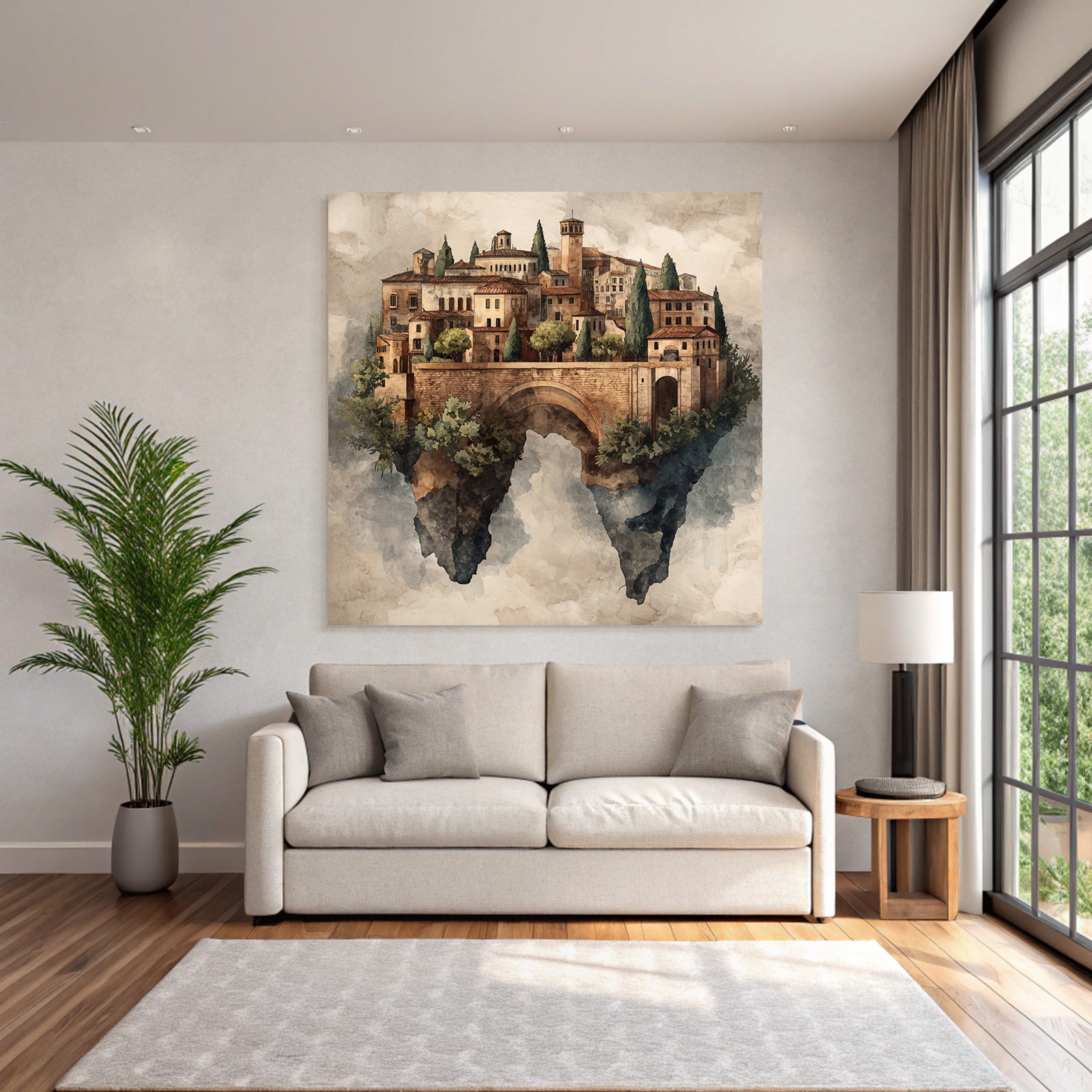 Fantastisch Surreal Schwebendes Dorf Mit Steinbrücke Im Aquarellstil