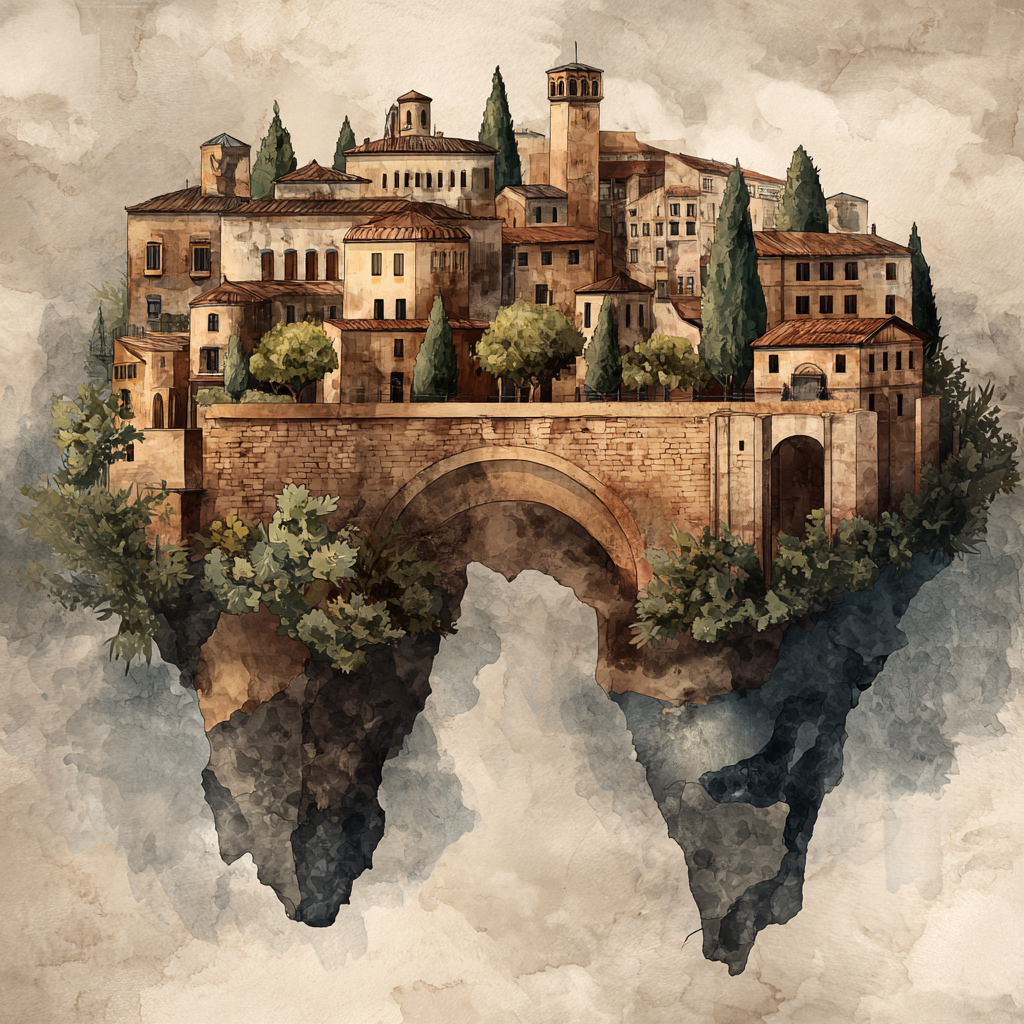 Fantastisch Surreal Schwebendes Dorf Mit Steinbrücke Im Aquarellstil | Fantastisch und Surreal | Stilrichtungen