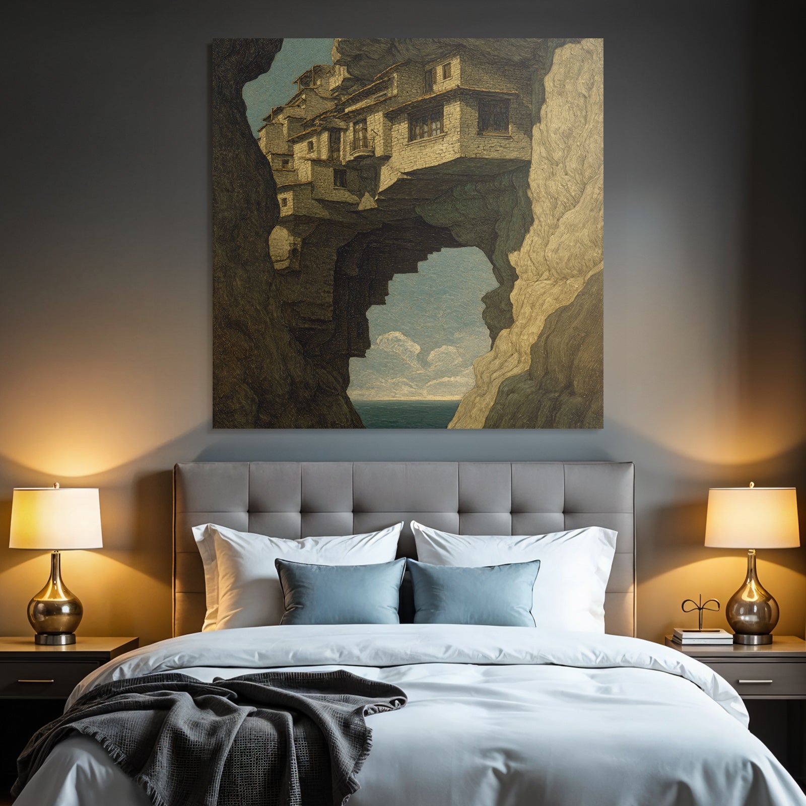 Fantastisch Surreal Surreale Landschaft Haeuser Auf Felsvorsprung Schwebend