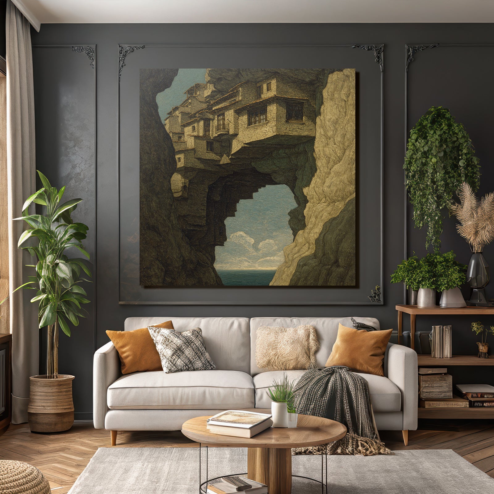 Fantastisch Surreal Surreale Landschaft Haeuser Auf Felsvorsprung Schwebend