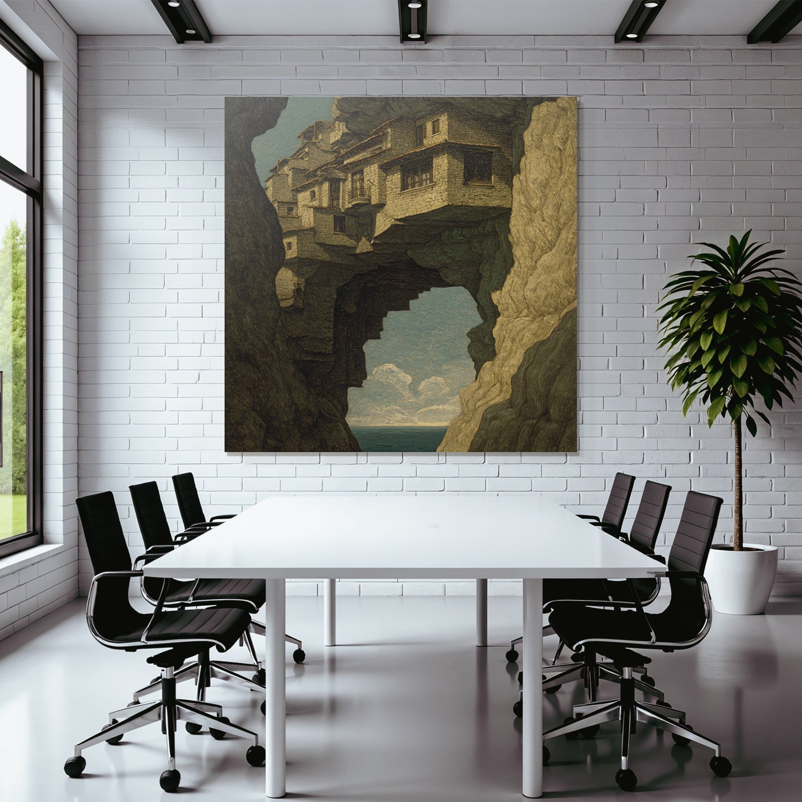 Fantastisch Surreal Surreale Landschaft Haeuser Auf Felsvorsprung Schwebend