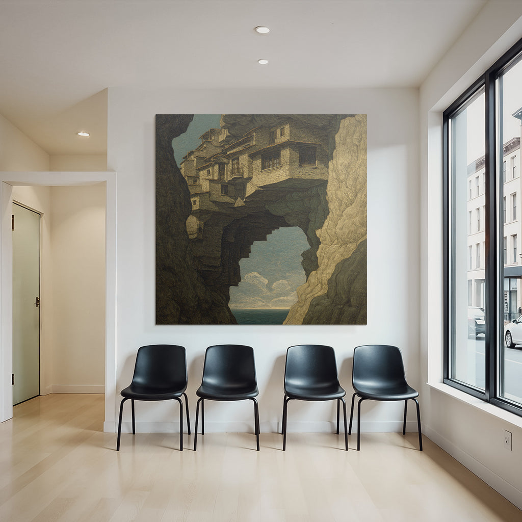 Fantastisch Surreal Surreale Landschaft Haeuser Auf Felsvorsprung Schwebend