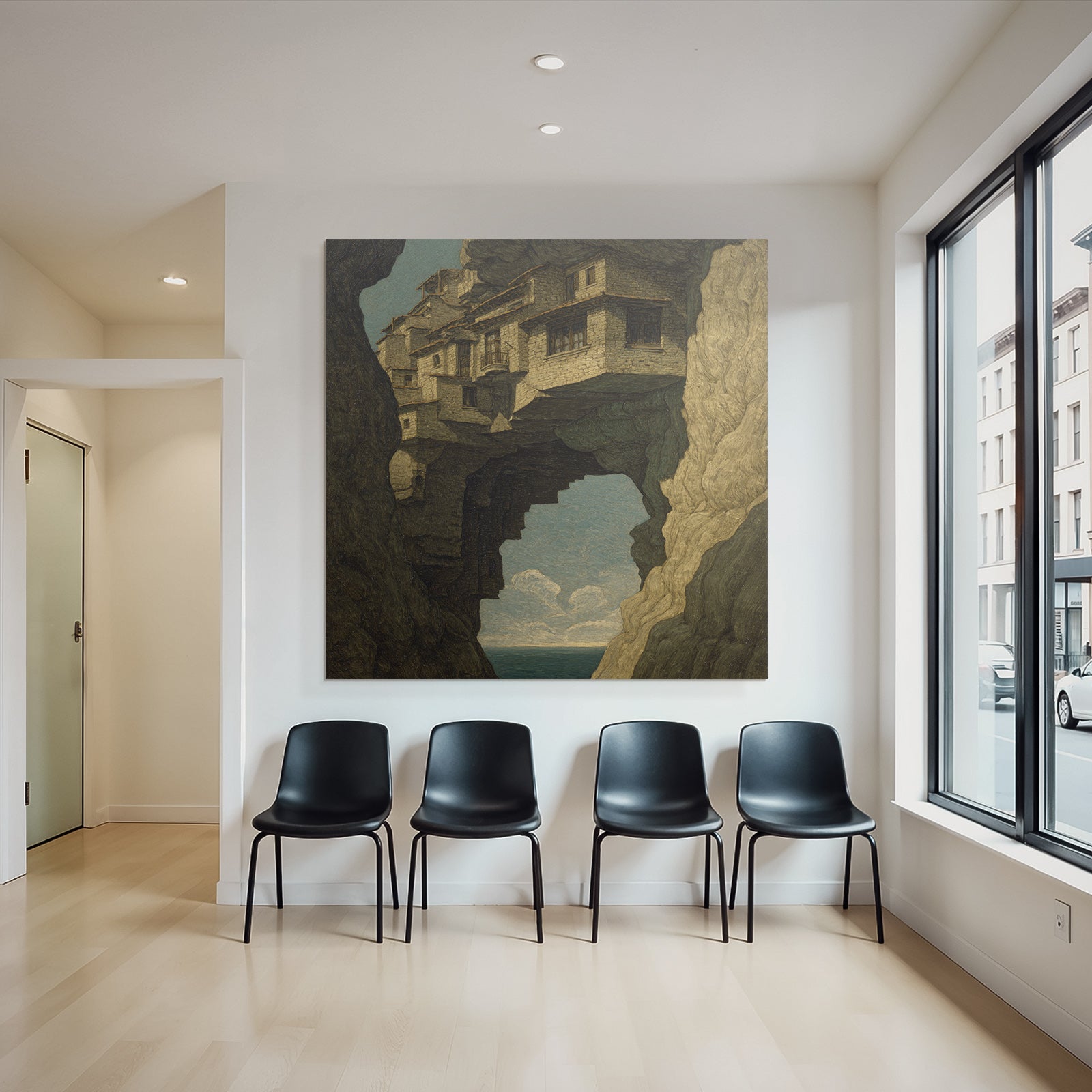 Fantastisch Surreal Surreale Landschaft Haeuser Auf Felsvorsprung Schwebend