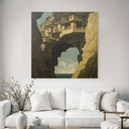 Fantastisch Surreal Surreale Landschaft Haeuser Auf Felsvorsprung Schwebend