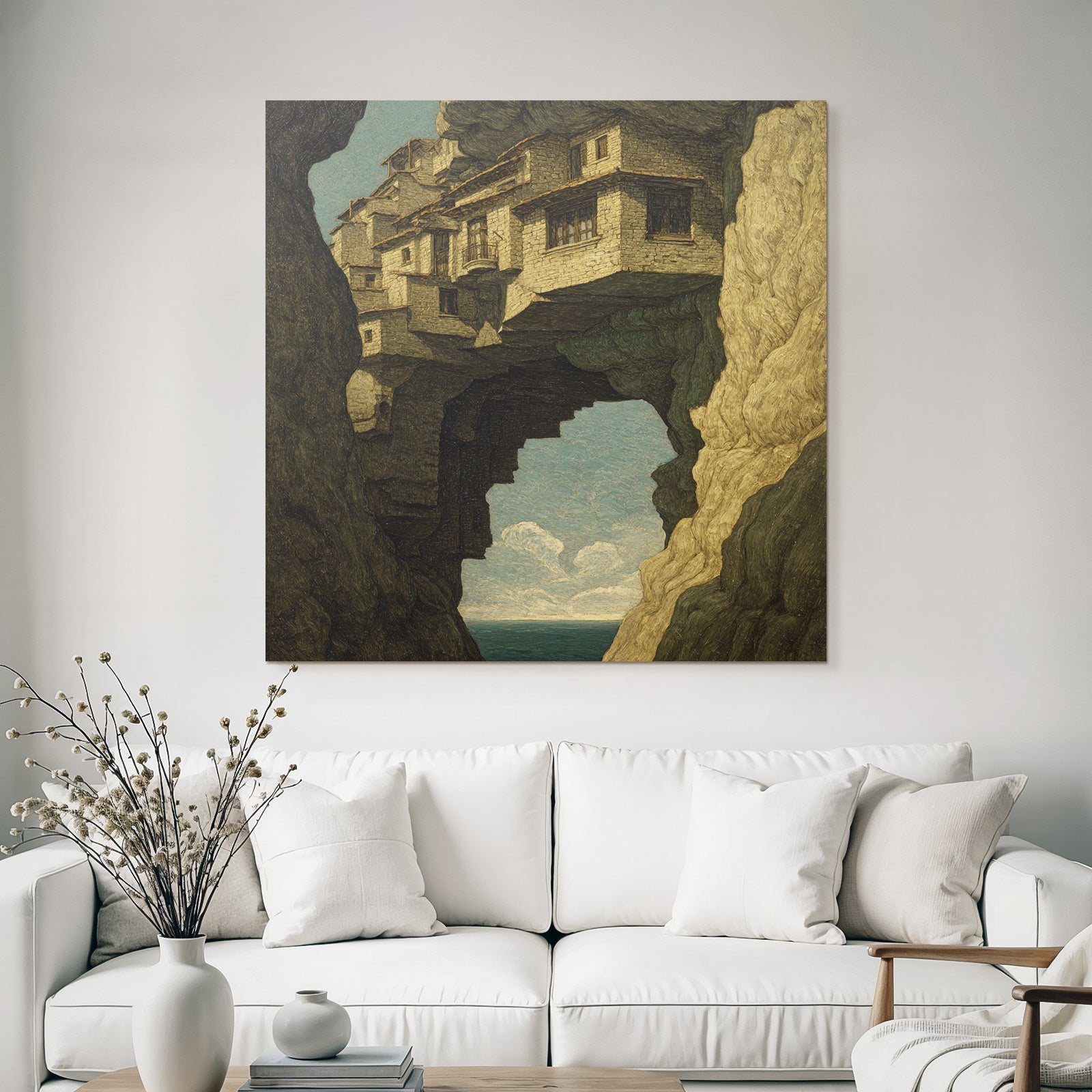 Fantastisch Surreal Surreale Landschaft Haeuser Auf Felsvorsprung Schwebend