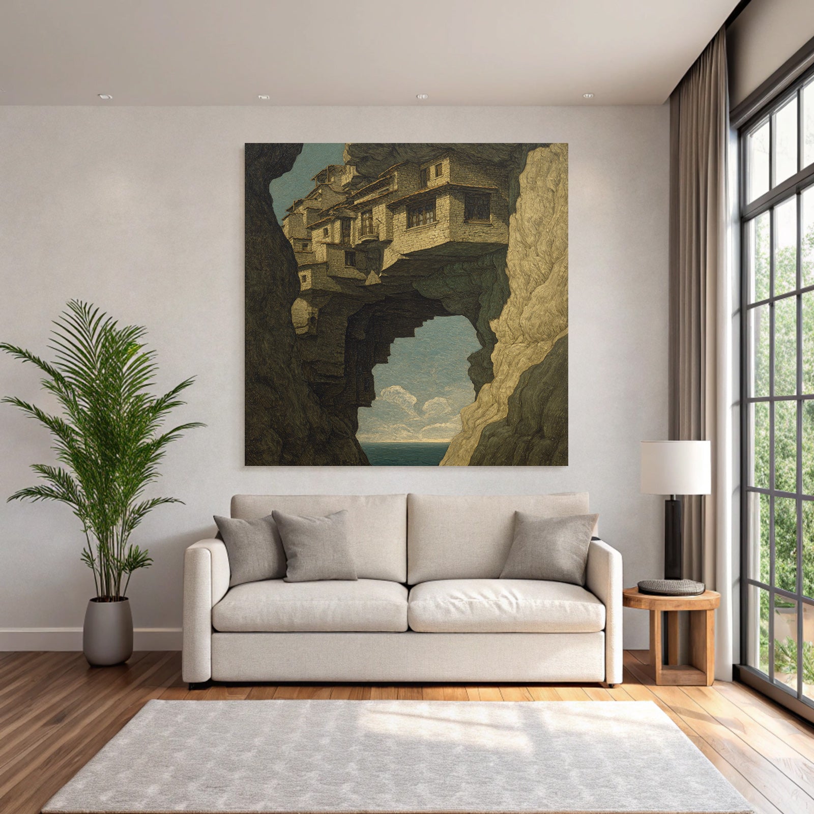 Fantastisch Surreal Surreale Landschaft Haeuser Auf Felsvorsprung Schwebend