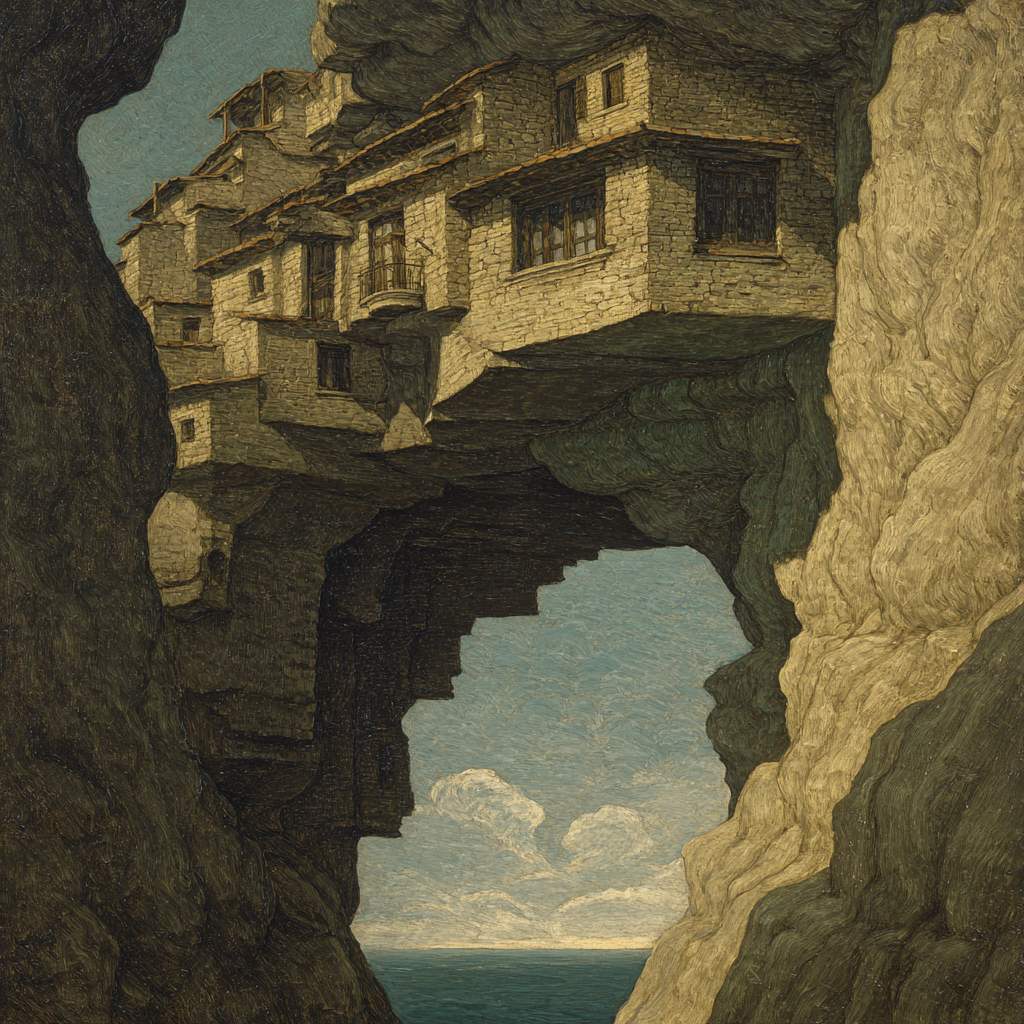 Fantastisch Surreal Surreale Landschaft Haeuser Auf Felsvorsprung Schwebend | Fantastisch und Surreal | Stilrichtungen