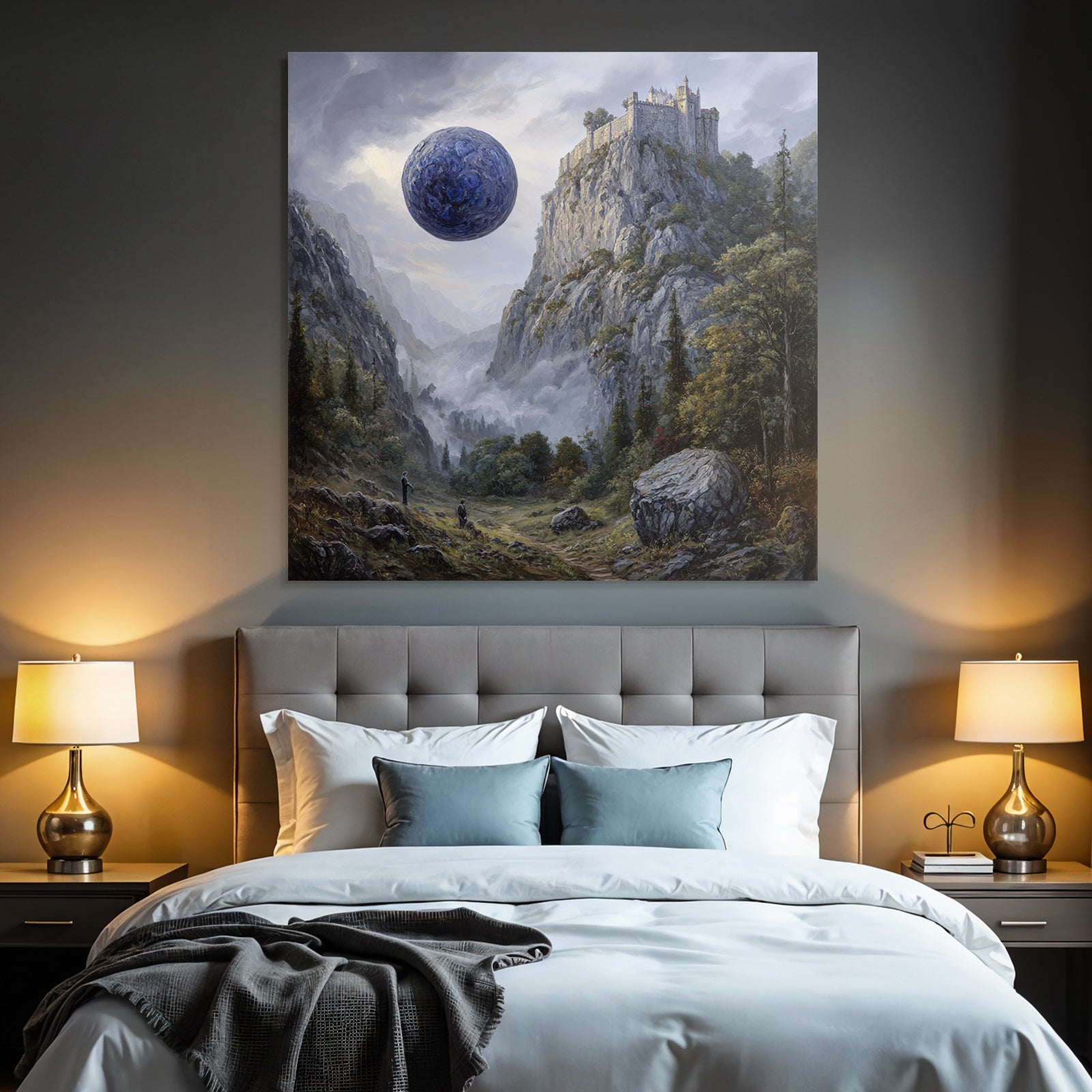 Fantastisch Surreal Surreale Landschaft Mit Klippenburg Und Blaüm Himmelskörper