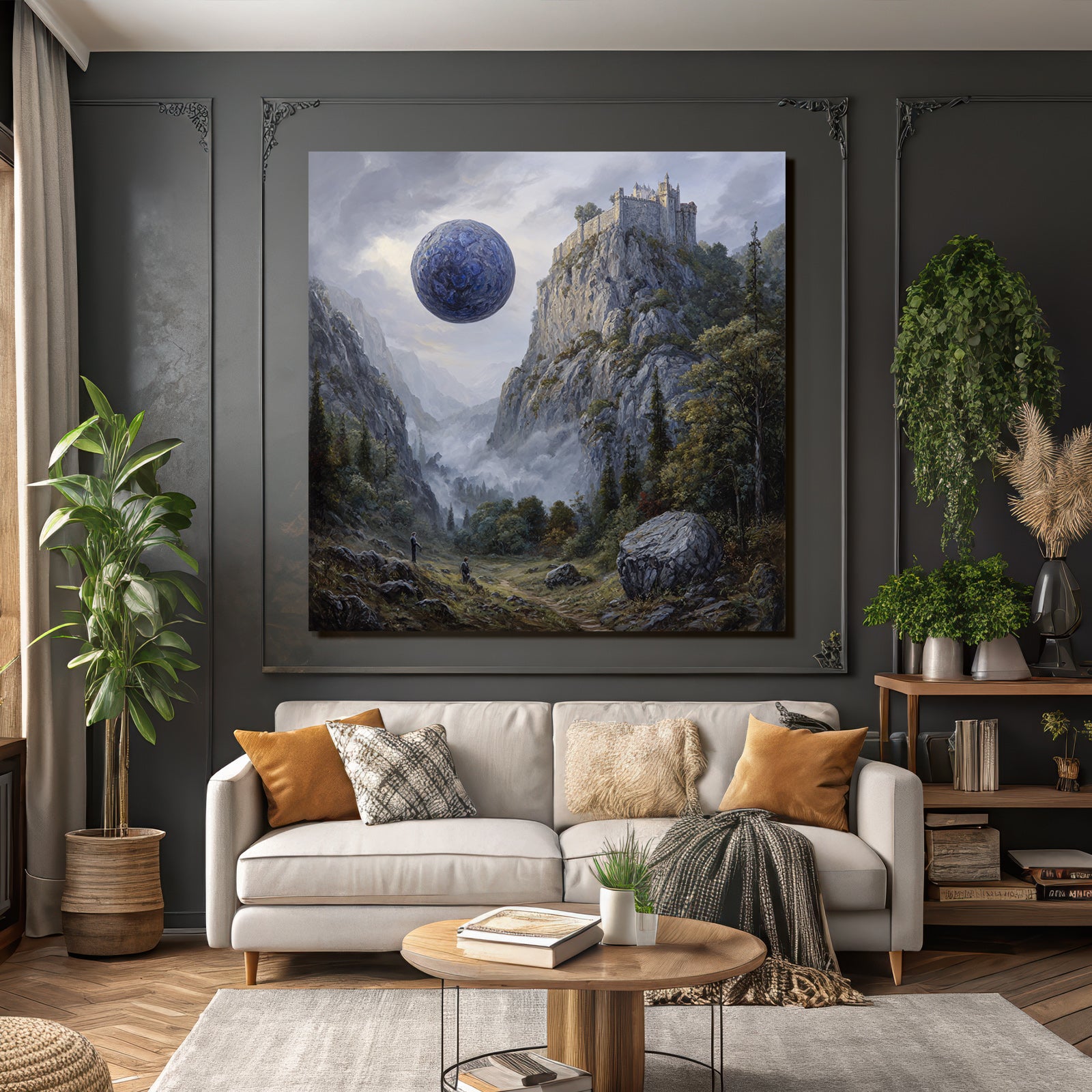 Fantastisch Surreal Surreale Landschaft Mit Klippenburg Und Blaüm Himmelskörper