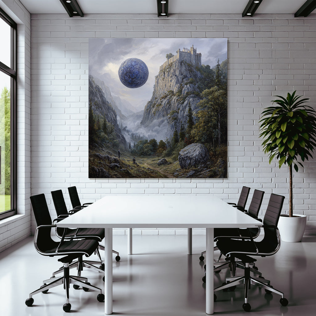 Fantastisch Surreal Surreale Landschaft Mit Klippenburg Und Blaüm Himmelskörper
