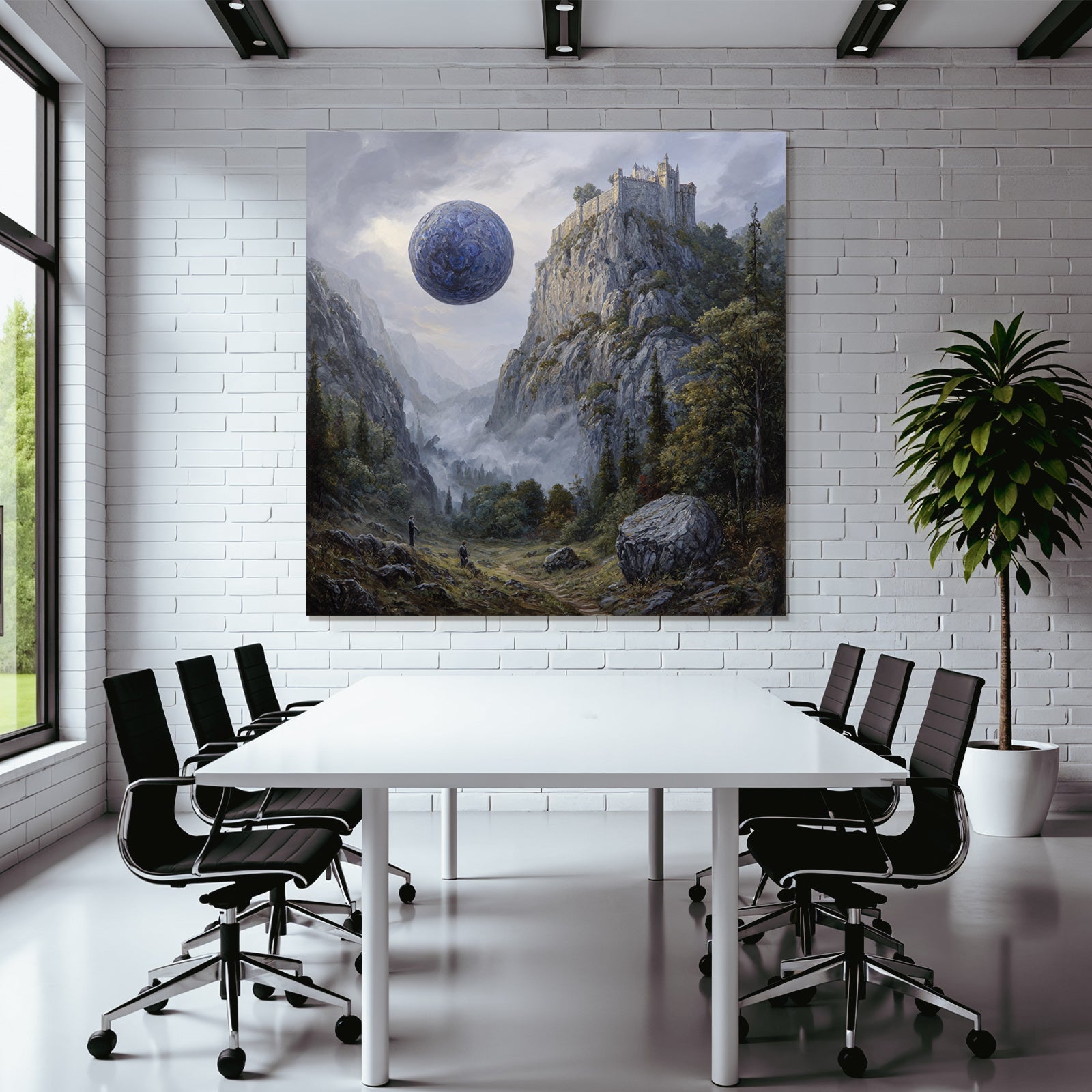 Fantastisch Surreal Surreale Landschaft Mit Klippenburg Und Blaüm Himmelskörper