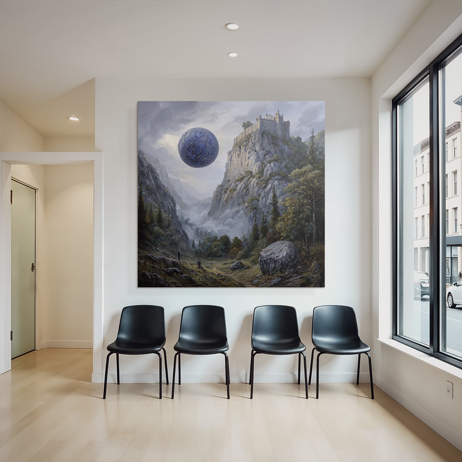 Fantastisch Surreal Surreale Landschaft Mit Klippenburg Und Blaüm Himmelskörper
