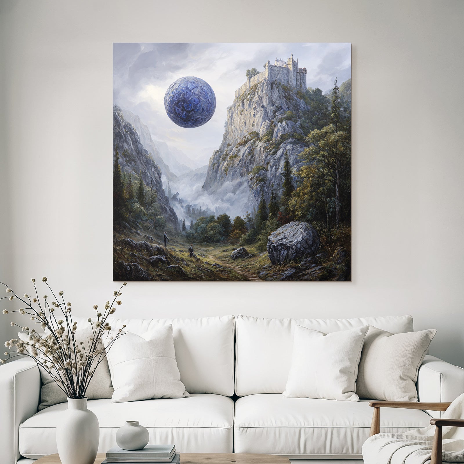 Fantastisch Surreal Surreale Landschaft Mit Klippenburg Und Blaüm Himmelskörper