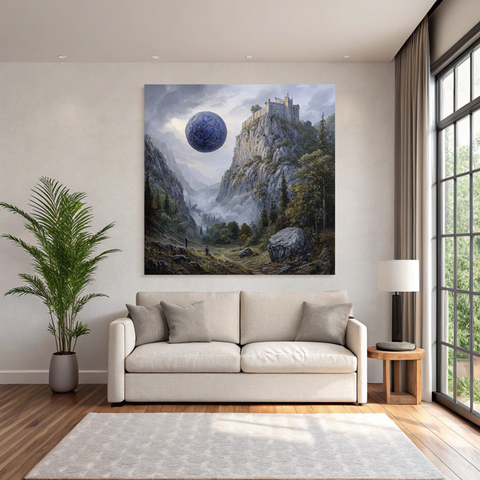 Fantastisch Surreal Surreale Landschaft Mit Klippenburg Und Blaüm Himmelskörper