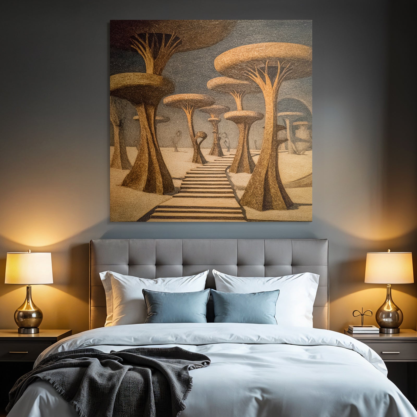 Fantastisch Surreal Surreale Landschaft Mit Stilisierten Baeumen Und Stufenweg