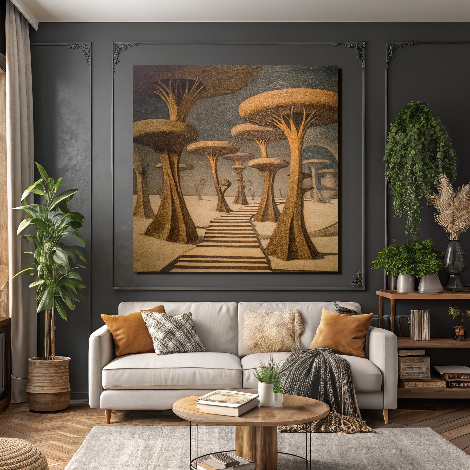 Fantastisch Surreal Surreale Landschaft Mit Stilisierten Baeumen Und Stufenweg