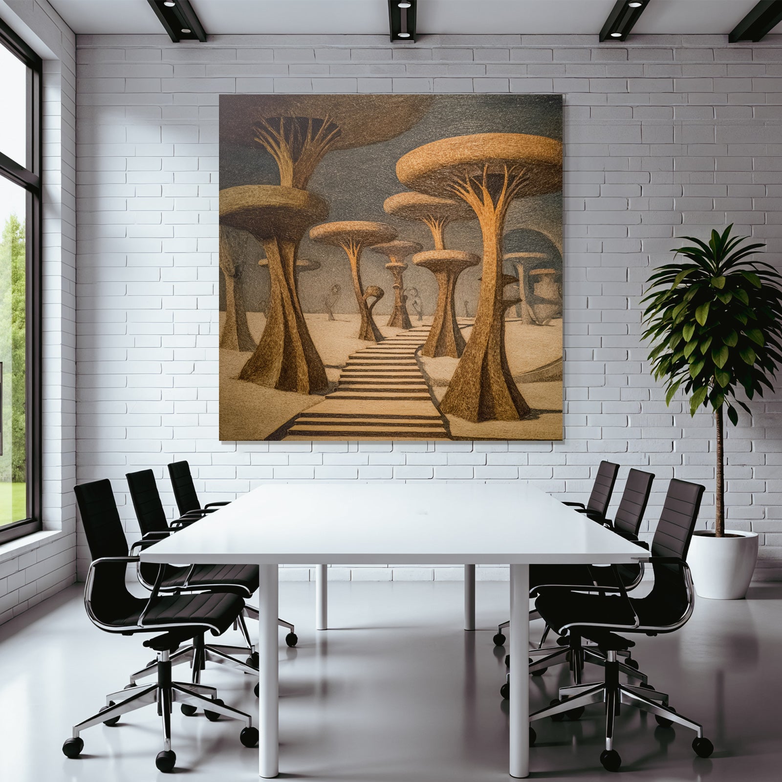 Fantastisch Surreal Surreale Landschaft Mit Stilisierten Baeumen Und Stufenweg