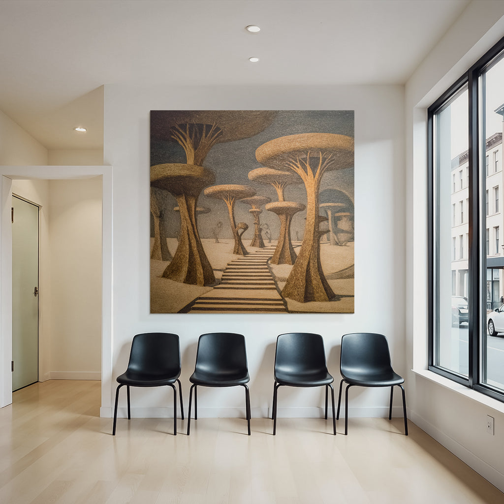 Fantastisch Surreal Surreale Landschaft Mit Stilisierten Baeumen Und Stufenweg