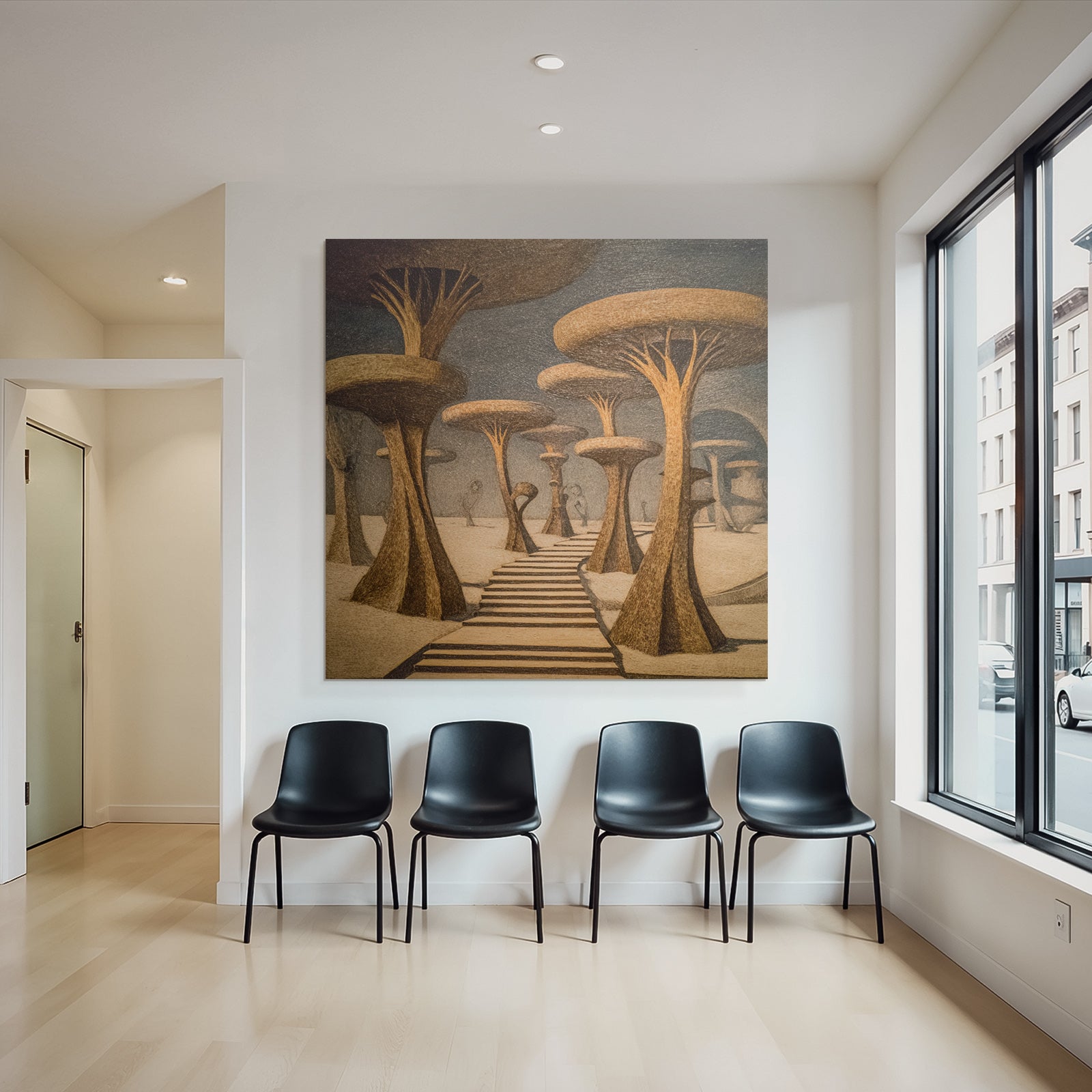 Fantastisch Surreal Surreale Landschaft Mit Stilisierten Baeumen Und Stufenweg