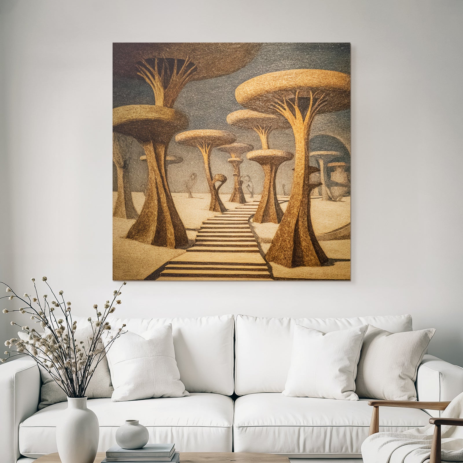 Fantastisch Surreal Surreale Landschaft Mit Stilisierten Baeumen Und Stufenweg