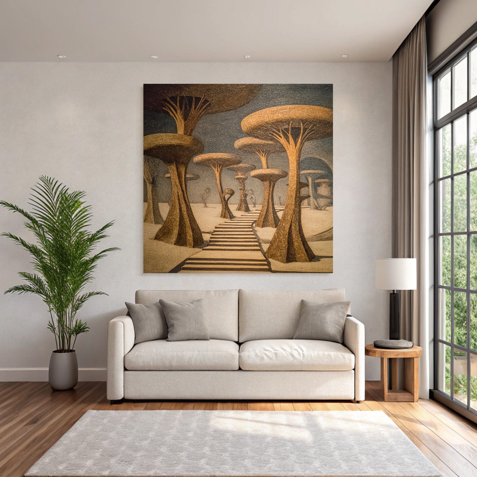 Fantastisch Surreal Surreale Landschaft Mit Stilisierten Baeumen Und Stufenweg