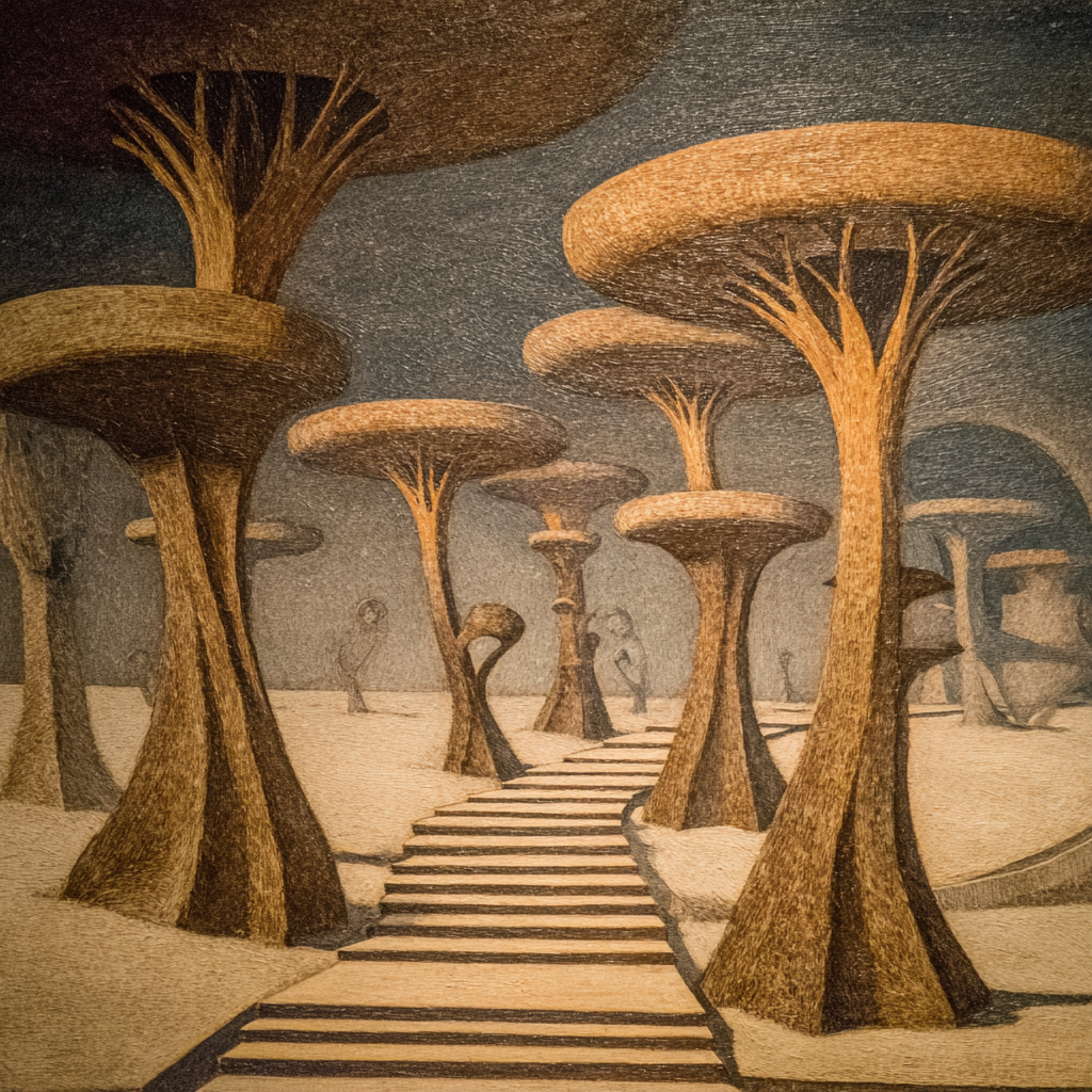 Fantastisch Surreal Surreale Landschaft Mit Stilisierten Baeumen Und Stufenweg | Fantastisch und Surreal | Stilrichtungen