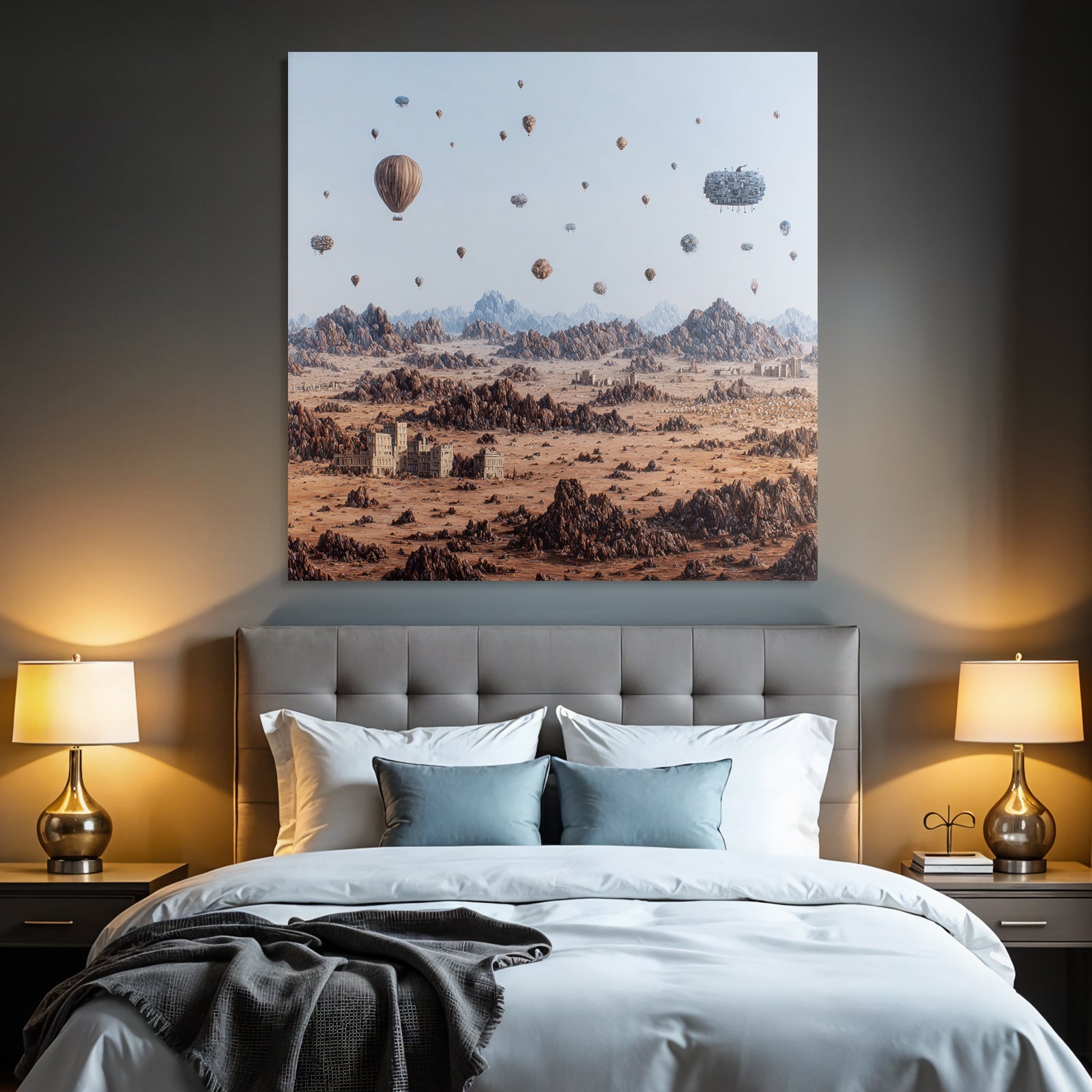 Fantastisch Surreal Surreale Wüste Landschaft Mit Heissluftballons Und Ruinen