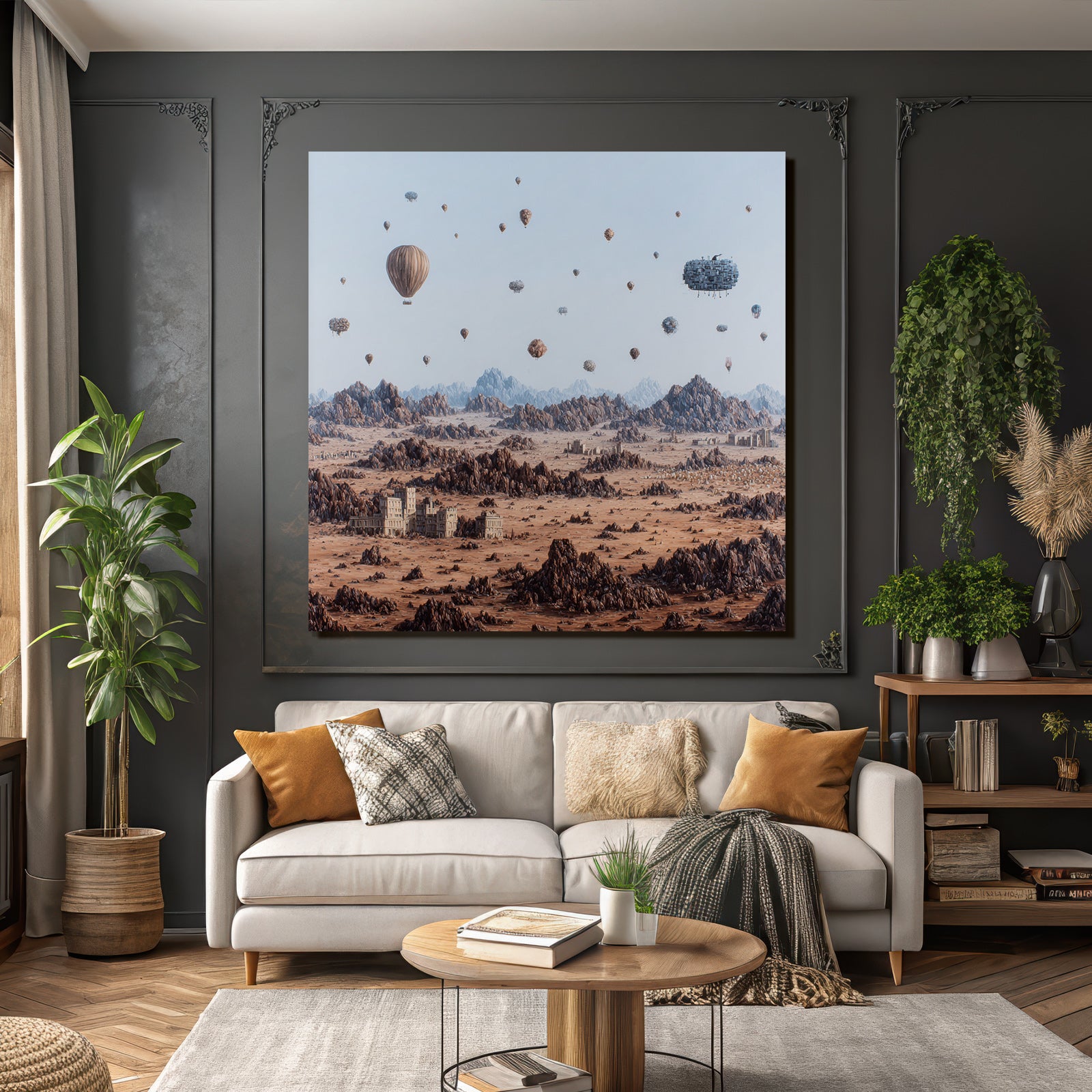 Fantastisch Surreal Surreale Wüste Landschaft Mit Heissluftballons Und Ruinen