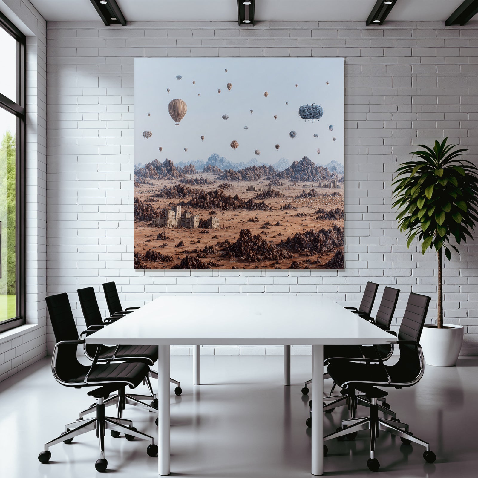 Fantastisch Surreal Surreale Wüste Landschaft Mit Heissluftballons Und Ruinen