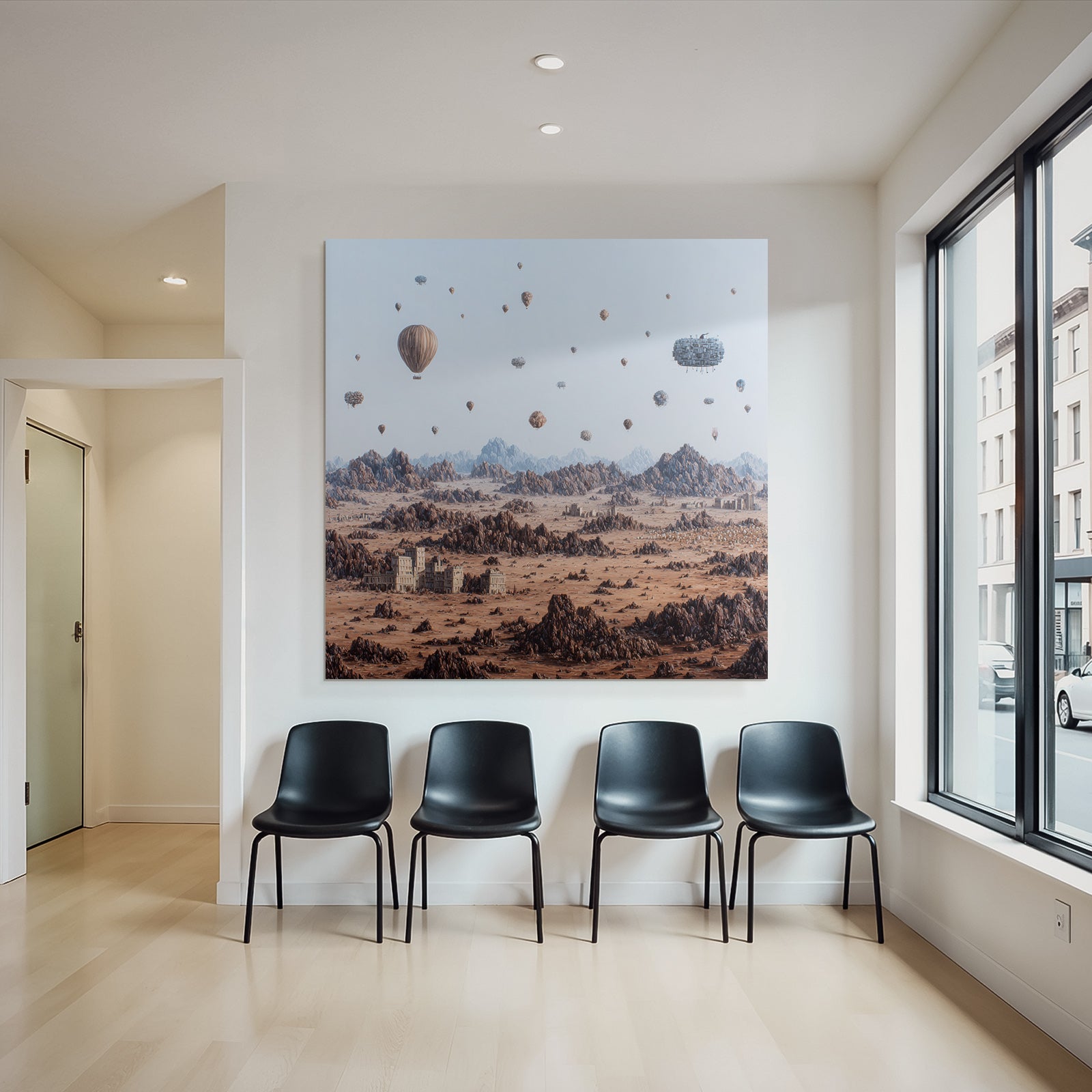 Fantastisch Surreal Surreale Wüste Landschaft Mit Heissluftballons Und Ruinen