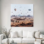 Fantastisch Surreal Surreale Wüste Landschaft Mit Heissluftballons Und Ruinen