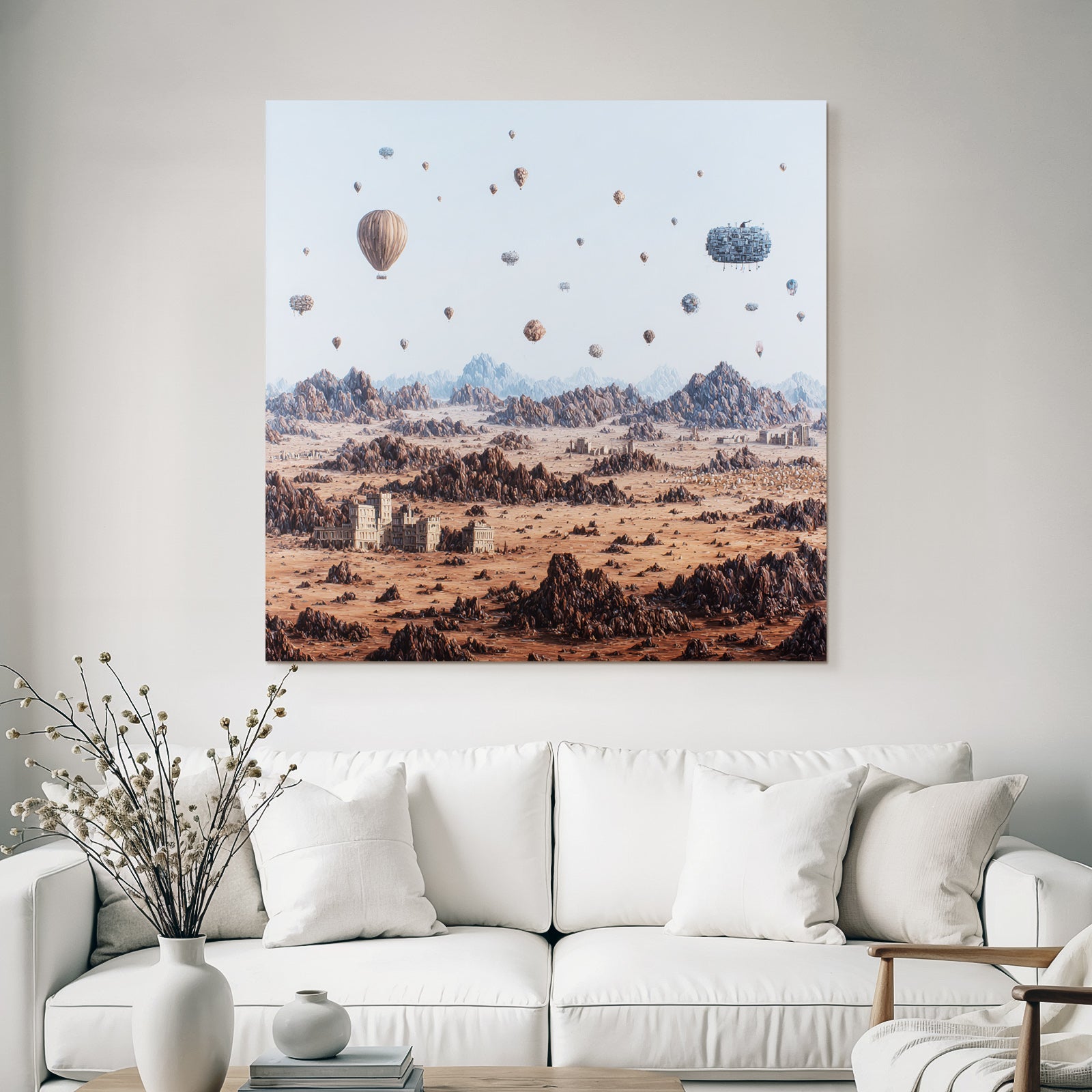 Fantastisch Surreal Surreale Wüste Landschaft Mit Heissluftballons Und Ruinen