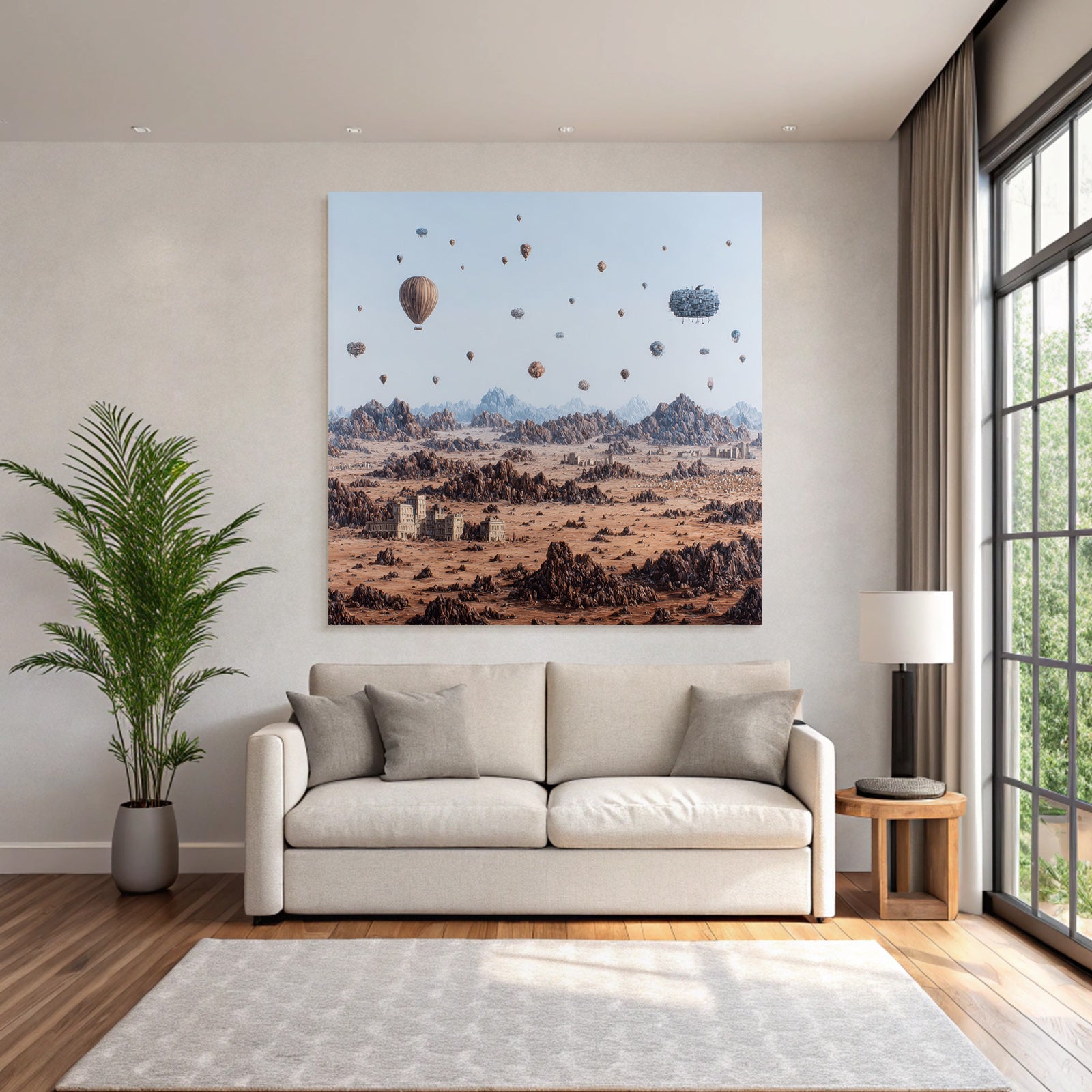 Fantastisch Surreal Surreale Wüste Landschaft Mit Heissluftballons Und Ruinen