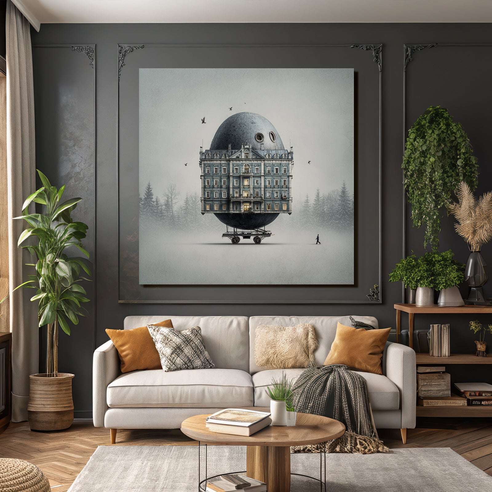 Fantastisch Surreal Surreales Eiartiges Gebaeude Auf Rädern In Nebliger Landschaft