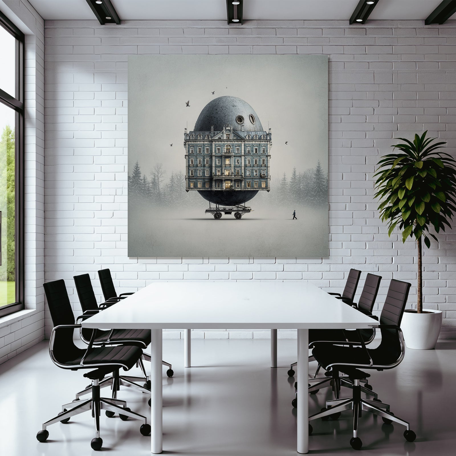 Fantastisch Surreal Surreales Eiartiges Gebaeude Auf Rädern In Nebliger Landschaft