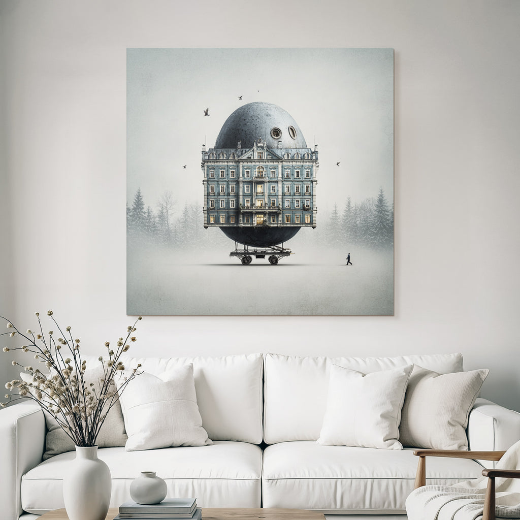 Fantastisch Surreal Surreales Eiartiges Gebaeude Auf Rädern In Nebliger Landschaft