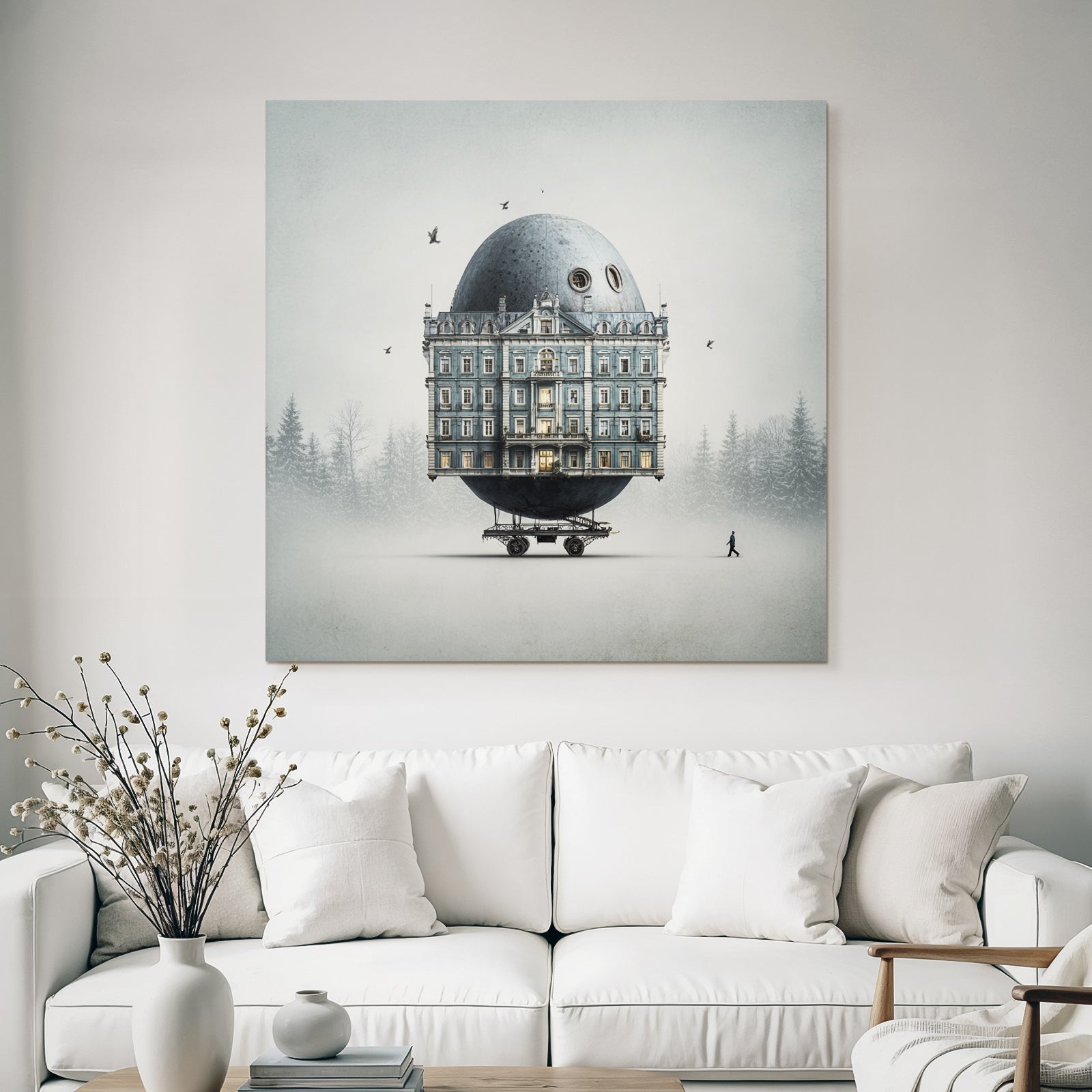 Fantastisch Surreal Surreales Eiartiges Gebaeude Auf Rädern In Nebliger Landschaft
