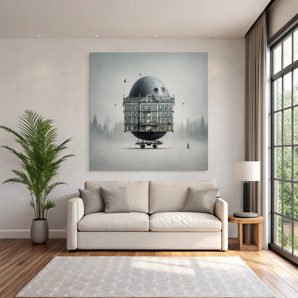 Fantastisch Surreal Surreales Eiartiges Gebaeude Auf Rädern In Nebliger Landschaft