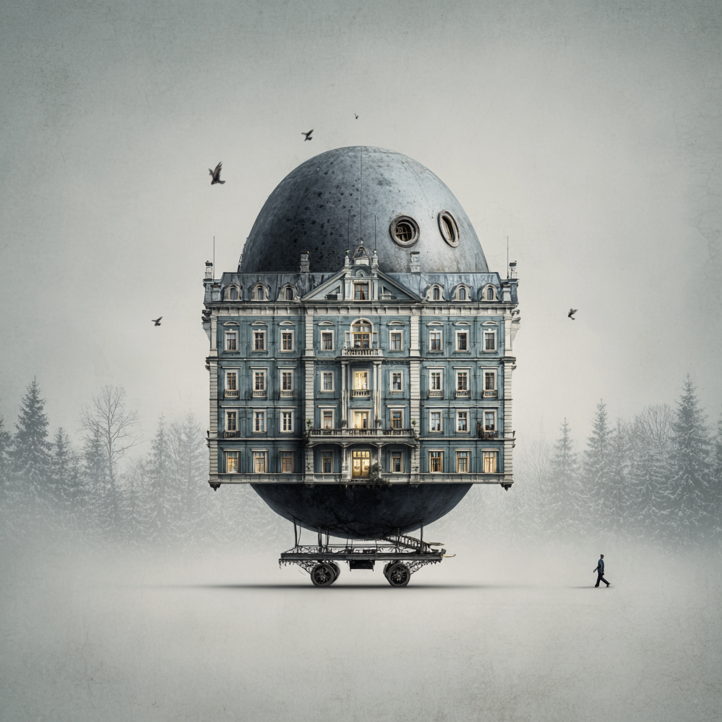 Fantastisch Surreal Surreales Eiartiges Gebaeude Auf Rädern In Nebliger Landschaft | Fantastisch und Surreal | Stilrichtungen